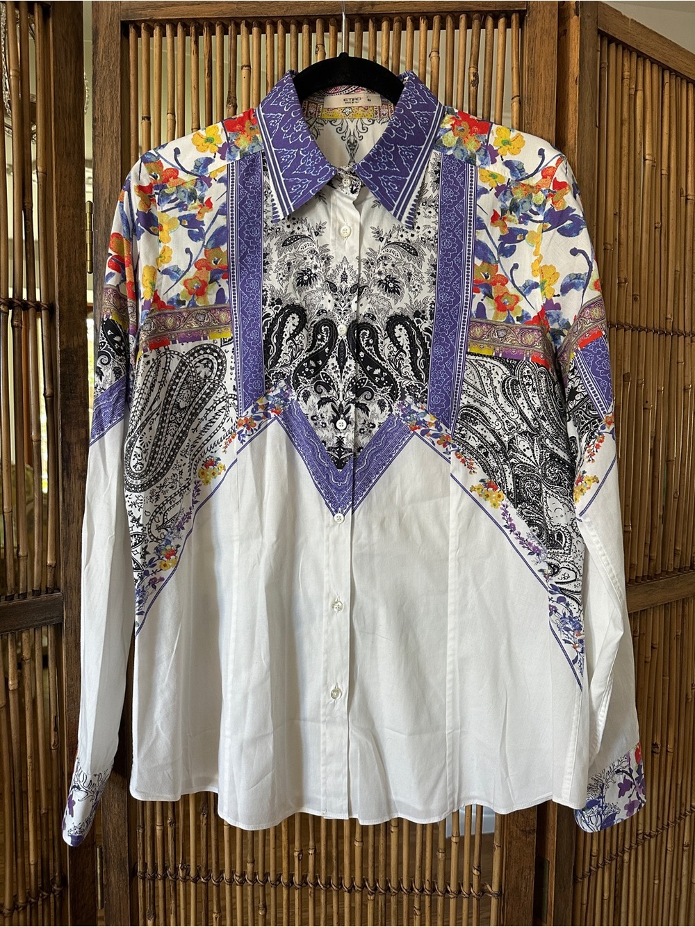 Etro White Button-Down Shirt with Purple Paisley & Multicolor Floral Panels